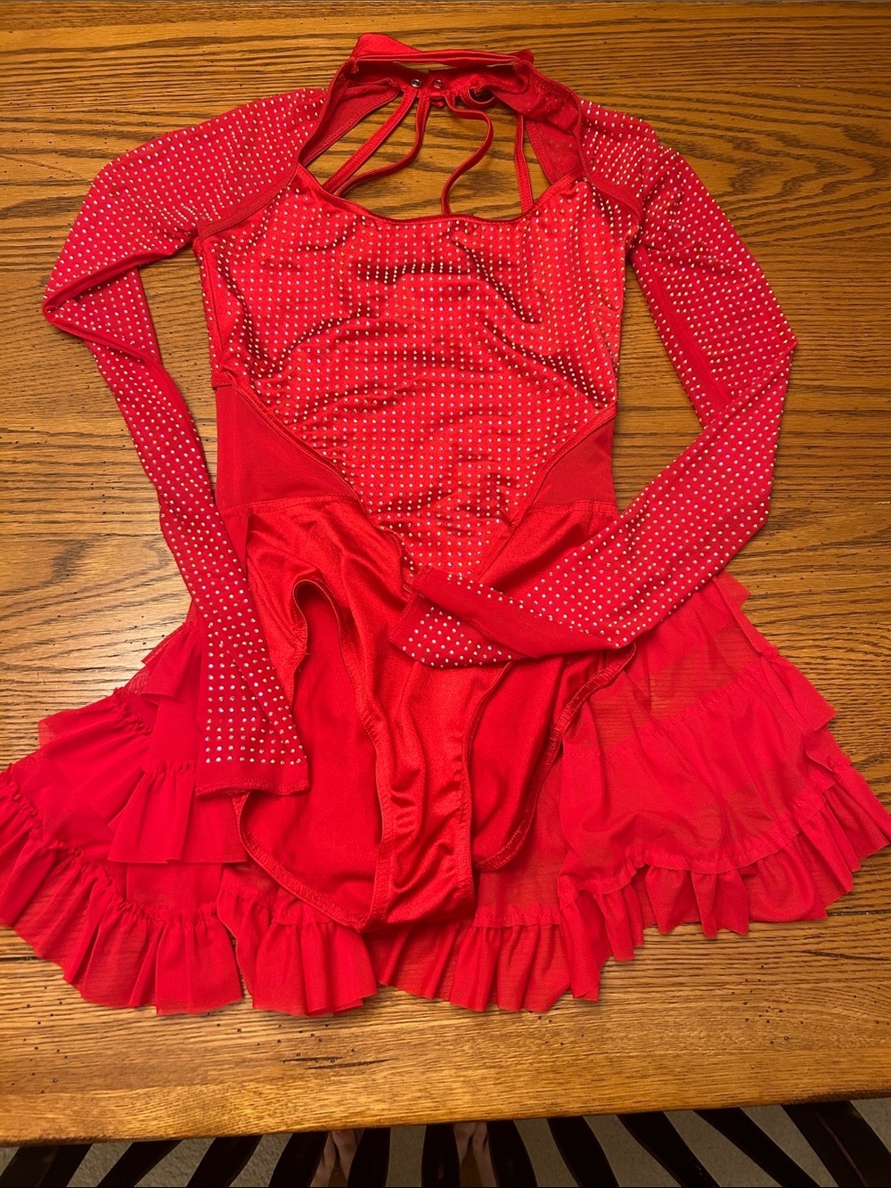 Red Rhinestone Long Sleeve Dance Dress with Ruffled Skirt Halloween Devil/2